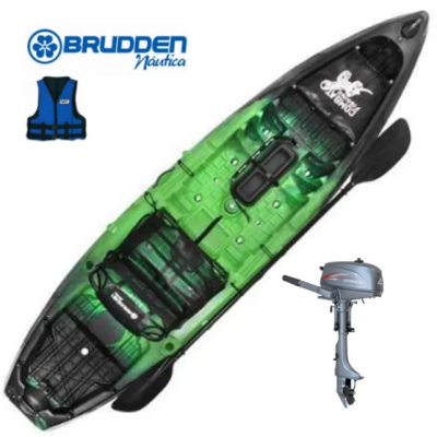 Combo: Caiaque Brudden Combat Fishing cor Lima + Suporte de Motor + Motor Hidea 4HP + Colete 